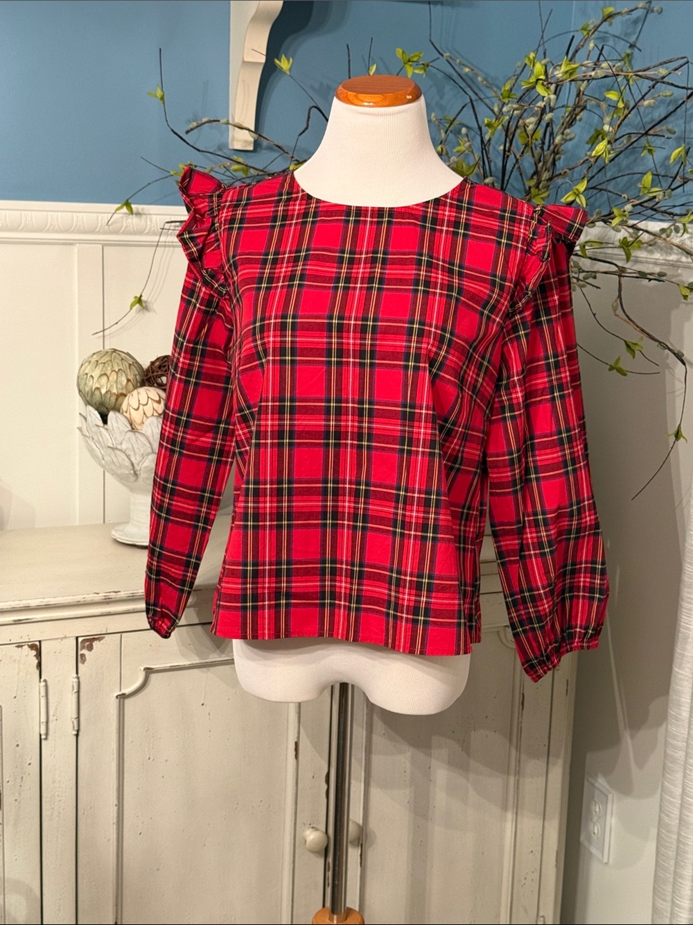 Red Plaid Ruffle Shoulder Blouse